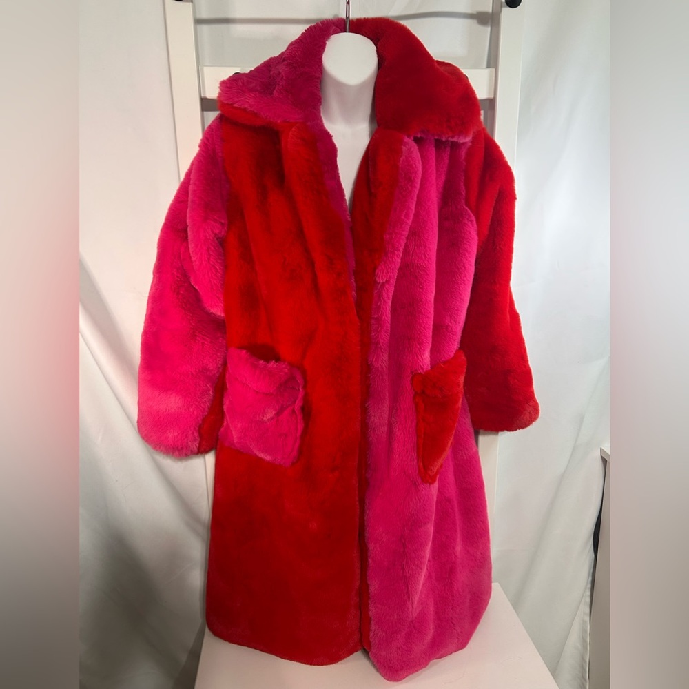 Red and Pink faux fur coat for Valentine's Day.  Size medium.  Cardi B